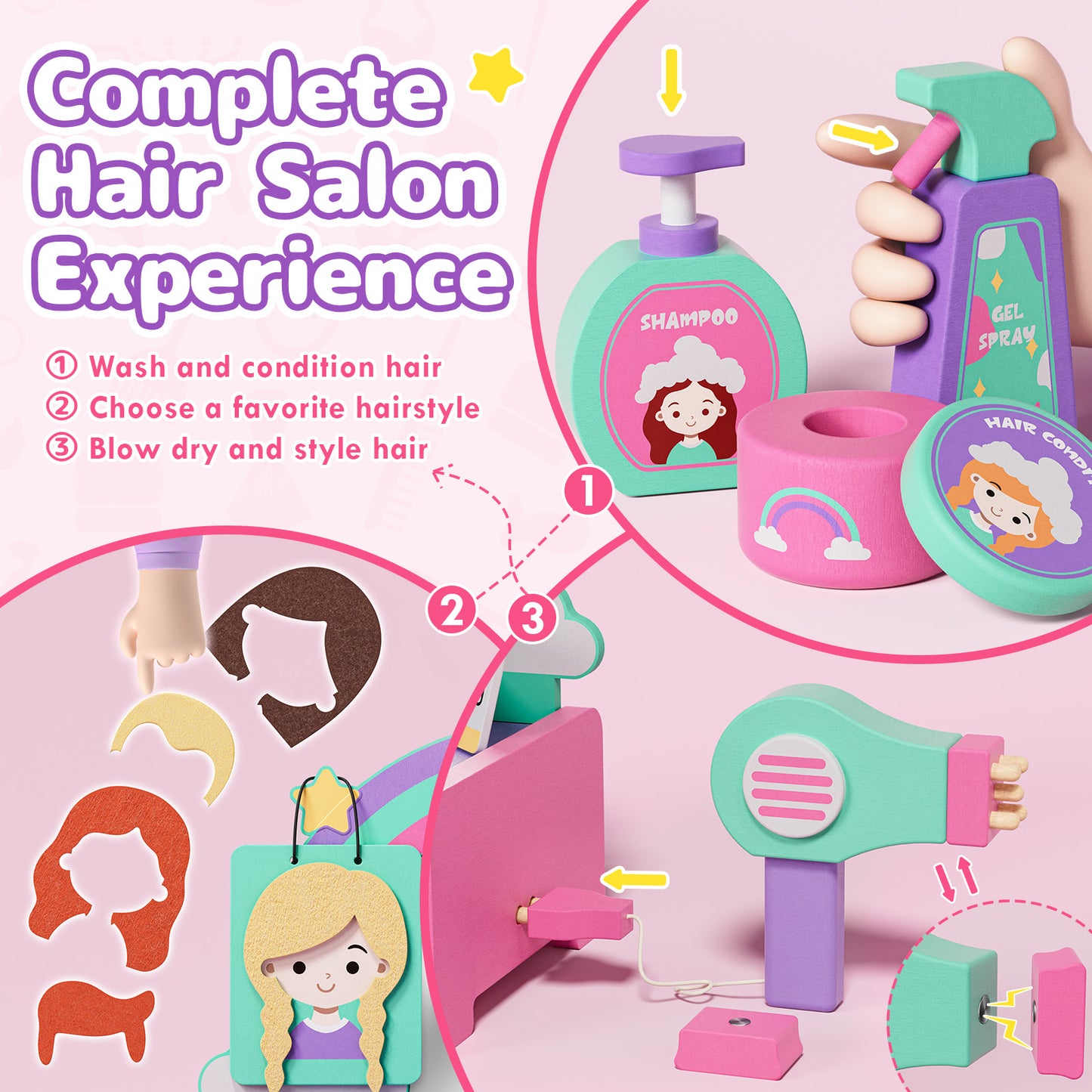 Kids Vanity Sets for Girls, Toddler Vanity Set, 32 PCS Wooden Kids Hair Salon Playset, Hairdressing Pretend Playset, Barber Pretend Hair Styling Set with Apron/Hair Dryer/Hair Accessories for Age 3+