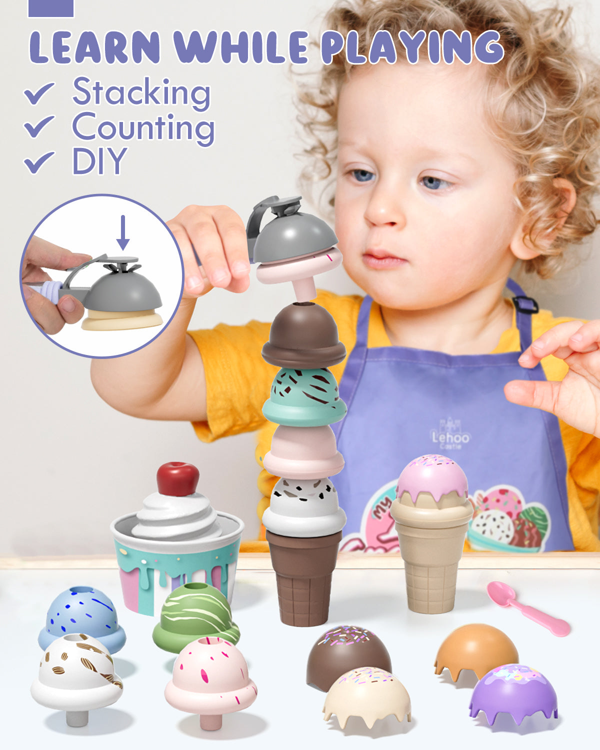 Ice Cream Toy Play Set for Kids, Pretend Play Food Accessories Best Gift for 3 4 5 6 Year Old Girl or Boy