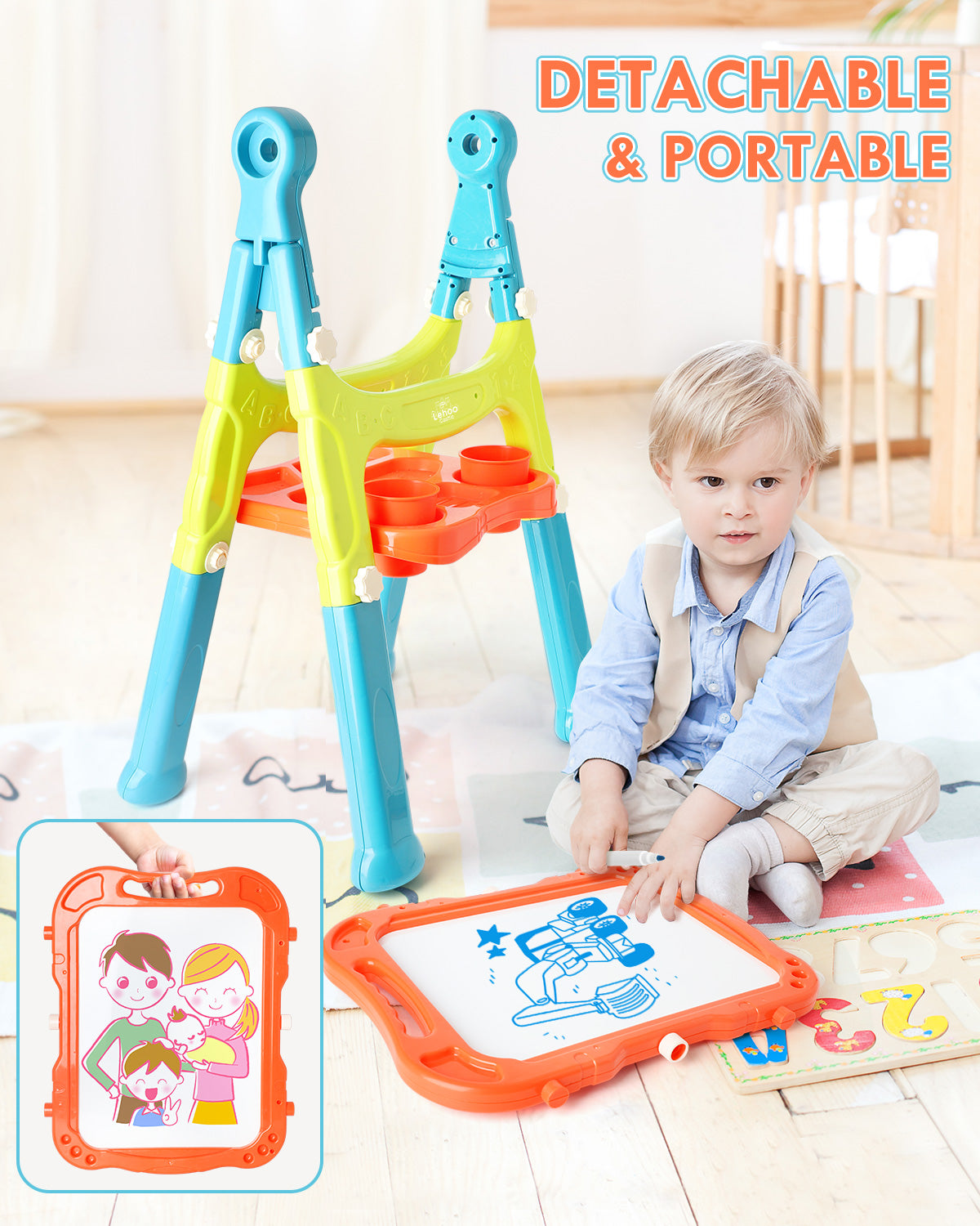 Easel for Kids, 4 in 1 Rotatable Double Sided Adjustable Standing Kids Art Easel Drawing Board White Board Chalkboard with Painting Accessories - Green