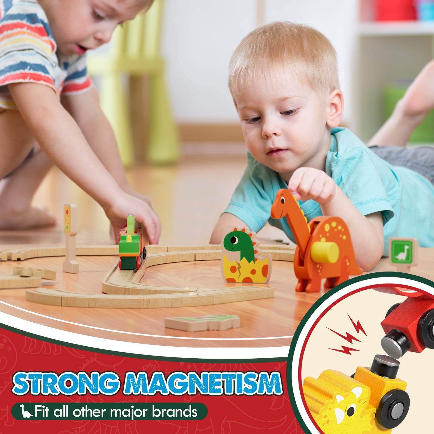 Train Set, Wooden Train Set for Kids, Train Toys for Toddlers, Toy Train with Train Tracks, Wooden Dinosaur Toys for Kids 2 3 4 5+ Years Old, Great Gift for Boys Girls - Compatible with Thomas Trains