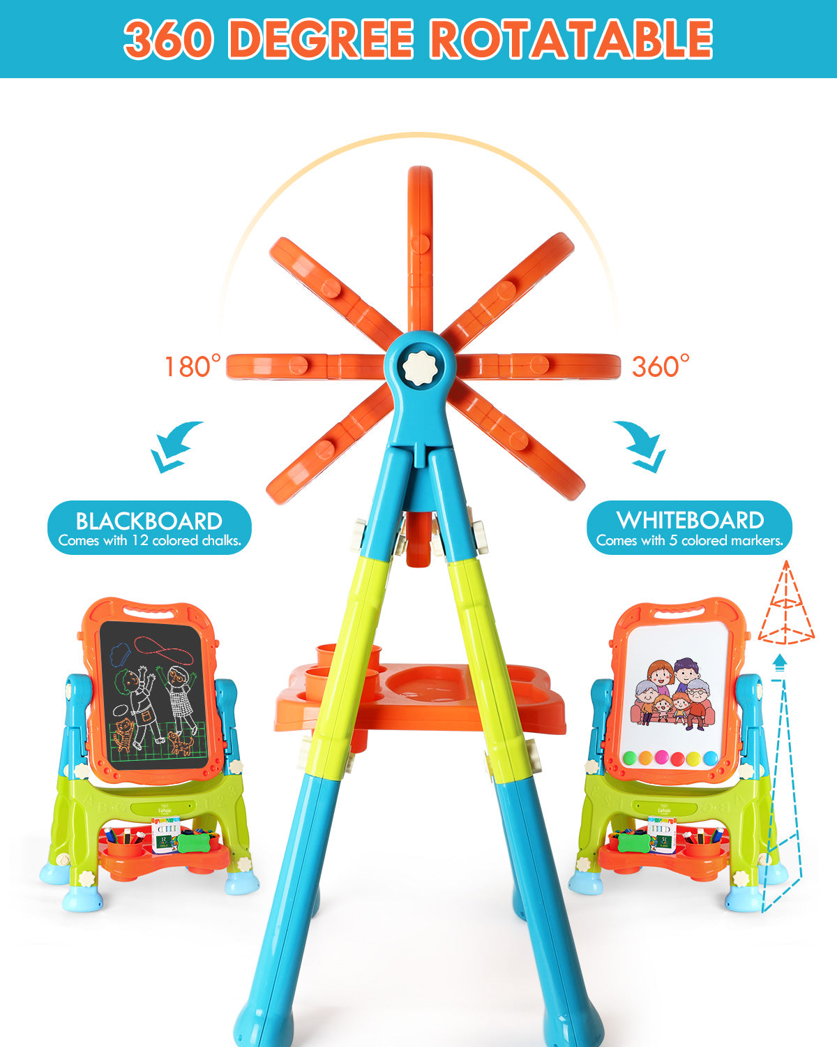 Easel for Kids, 4 in 1 Rotatable Double Sided Adjustable Standing Kids Art Easel Drawing Board White Board Chalkboard with Painting Accessories - Green