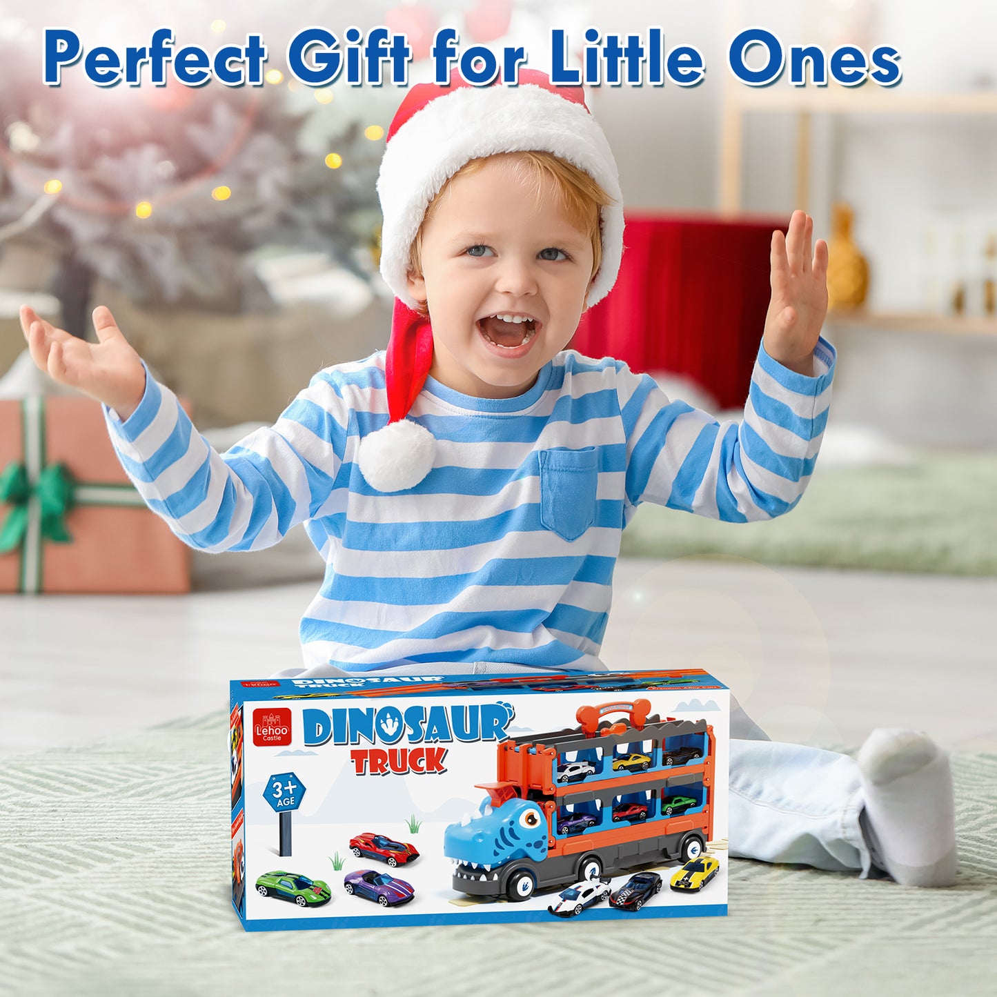 Dinosaur Toy Trucks Cars for Kids, Transport Truck Car Toys, Toddler Toys for 2 3 4 Years Old Boys, Carrier Truck Toy Cars for Toddlers with 6 Racing Cars, 62.5" Race Track, Best Gift for Boys Girls