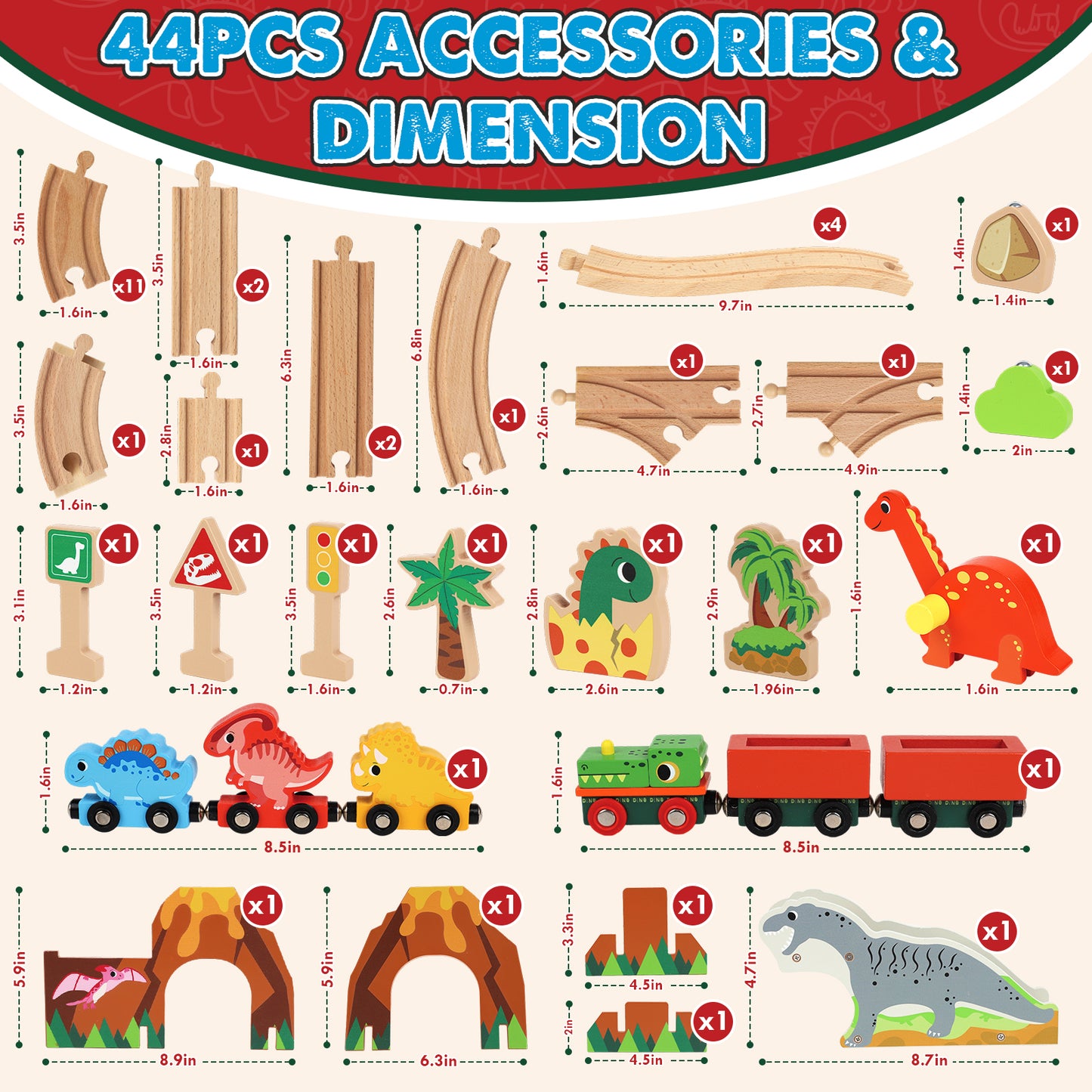 Train Set, Wooden Train Set for Kids, Train Toys for Toddlers, Toy Train with Train Tracks, Wooden Dinosaur Toys for Kids 2 3 4 5+ Years Old, Great Gift for Boys Girls - Compatible with Thomas Trains
