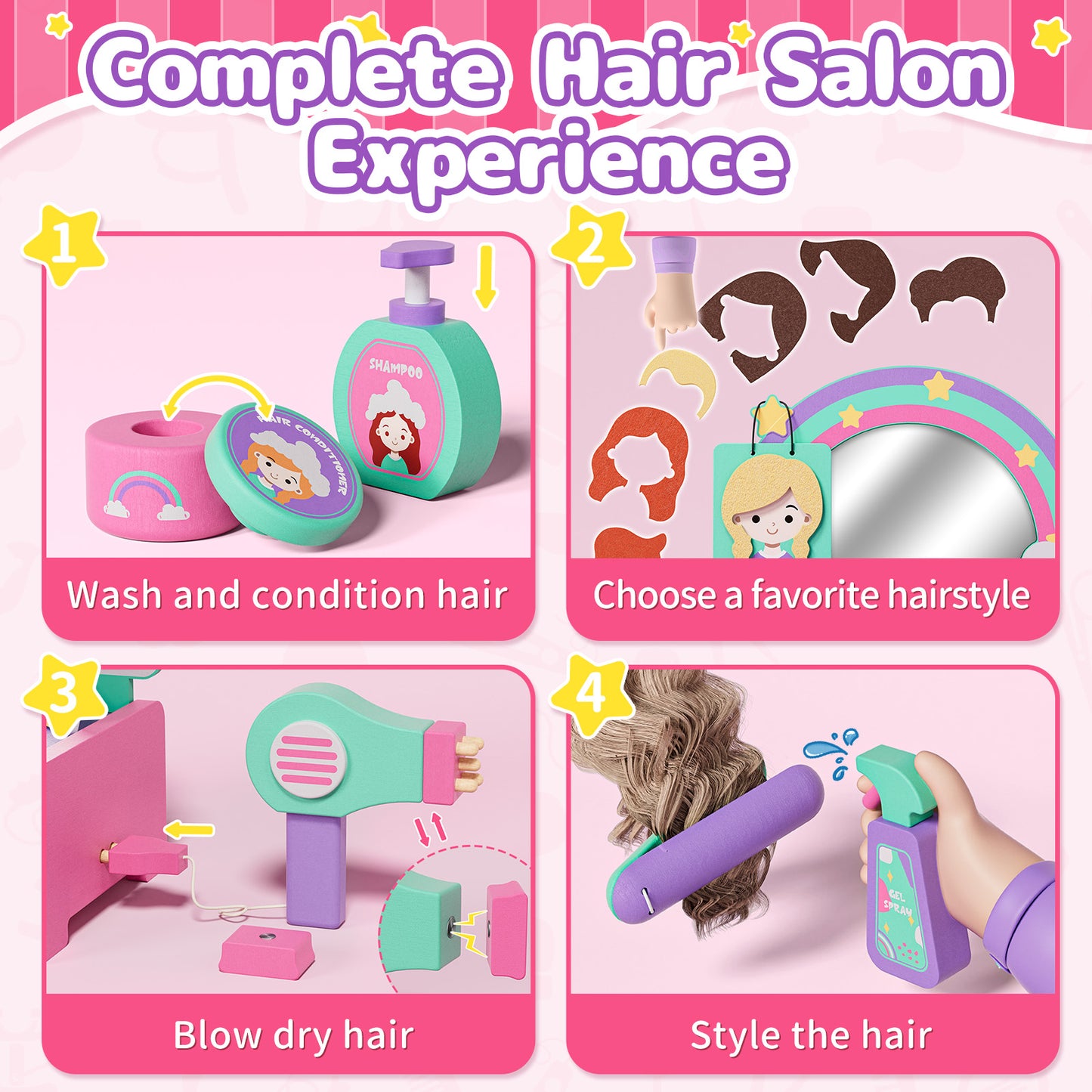 Kids Vanity Sets for Girls, Toddler Vanity Set, 32 PCS Wooden Kids Hair Salon Playset, Hairdressing Pretend Playset, Barber Pretend Hair Styling Set with Apron/Hair Dryer/Hair Accessories for Age 3+