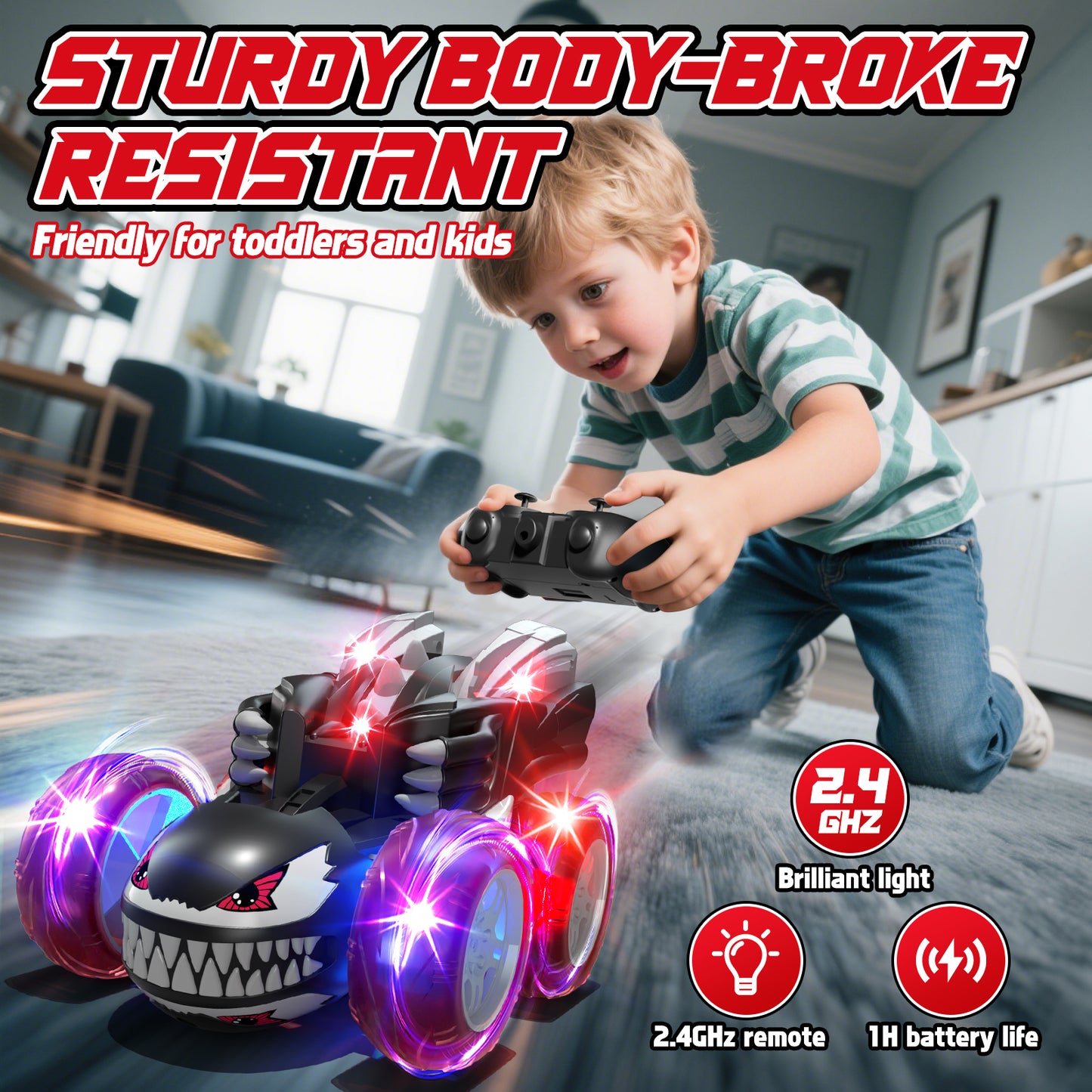 Remote Control Cars, RC Cars Toys for Boys 3 4 5 6 7 8 9 10 Year Old Girls Boys, 2.4Ghz Fast Stunt with Cool Lights for Boys Kids Age 5-7 Outdoor Toys Birthday Christmas Gifts