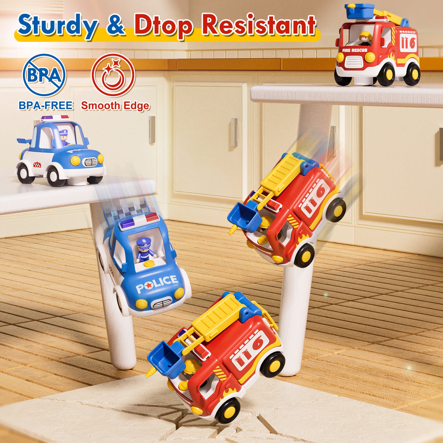 2 Packs Remote Control Cars for Toddlers, Remote Control Toys with Lights & Music, Rechargeable RC Cars for Toddler Toys 2-3, Fire Truck & Police Car Toy for 2 Year Old Boy Toys for 2 3 4 Year Old