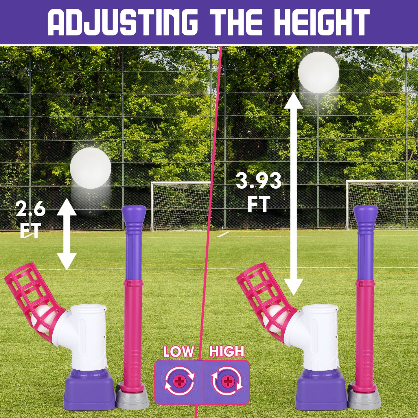 T Ball Set Toys for Kids Girls 3-5, Kids Baseball Toys Includes 6 Balls, for Age 3 to 6, Toddler Baseball Game Sports & Outdoors Toys, Auto Ball Launcher - Purple