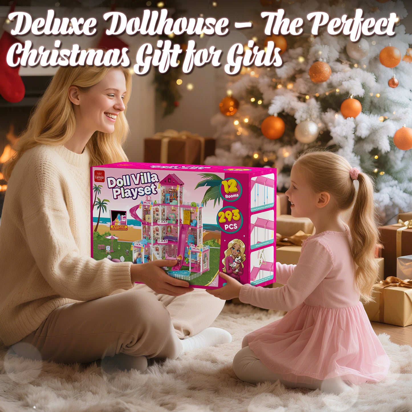 12 Room Doll House - Toys for 3 Year Old Girl Dream Dollhouse Playhouse with LED Lights Furniture and Accessories, Pretend Play kit Doll House for Princess Age 3 4 5 6 7