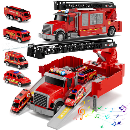 Toy Trucks for Boys 2 3 6 Years, Fire Truck Toys for Toddlers with Lights, Include Ejection Mode, Powerful Storage, Rescue Aerial Ladder, Water Pipes, 4 Alloy Vehicles, Best Birthday Christmas Gifts