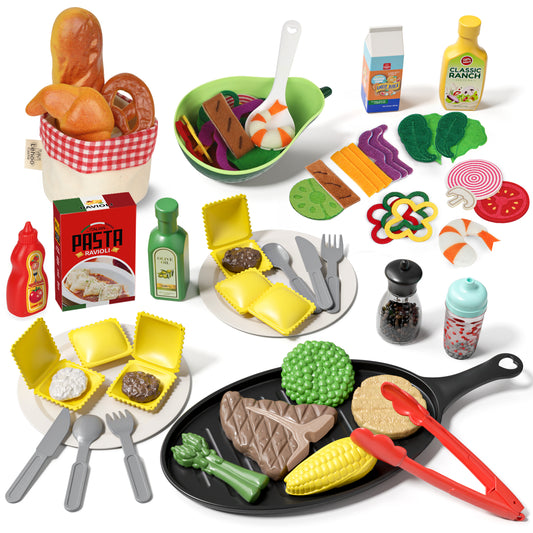 Play Food Sets, Kitchen Toys Food for Kids, Kitchen Play, Pretend Play, Fake Food Toys, Include Steak & Bread & Pasta, Preschool Learning Toddler Toys, Best Gifts for Girls Boys