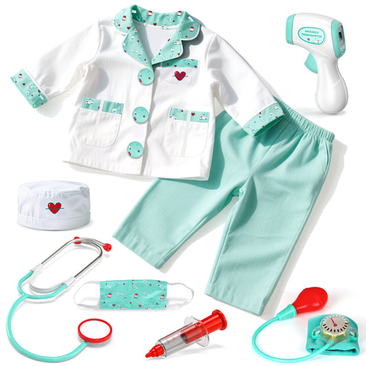 Doctor Costume for Kids Doctor Coat, Doctor Dress Up and Play Set 8 PCS with Real Stethoscope, Lab Coat Career Day Costume Kit for Toddlers Boys Girls 3-12 - Green