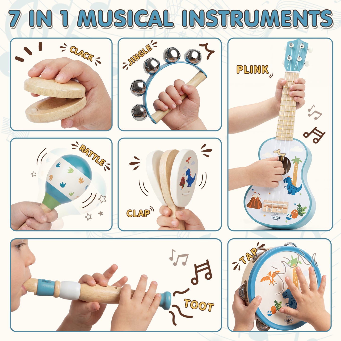 Kid Guitar Set, Musical Instruments for Kids, 7 in 1 Dinosaur Music Toys, Band Sets with Ukulele Flute Tambourine Maracas... Montessori Toys for Kids 2+ Year Old Boy, Education Preschool Toys Gift