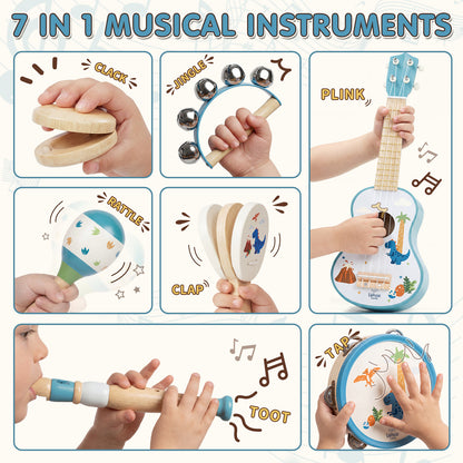 Kid Guitar Set, Musical Instruments for Kids, 7 in 1 Dinosaur Music Toys, Band Sets with Ukulele Flute Tambourine Maracas... Montessori Toys for Kids 2+ Year Old Boy, Education Preschool Toys Gift