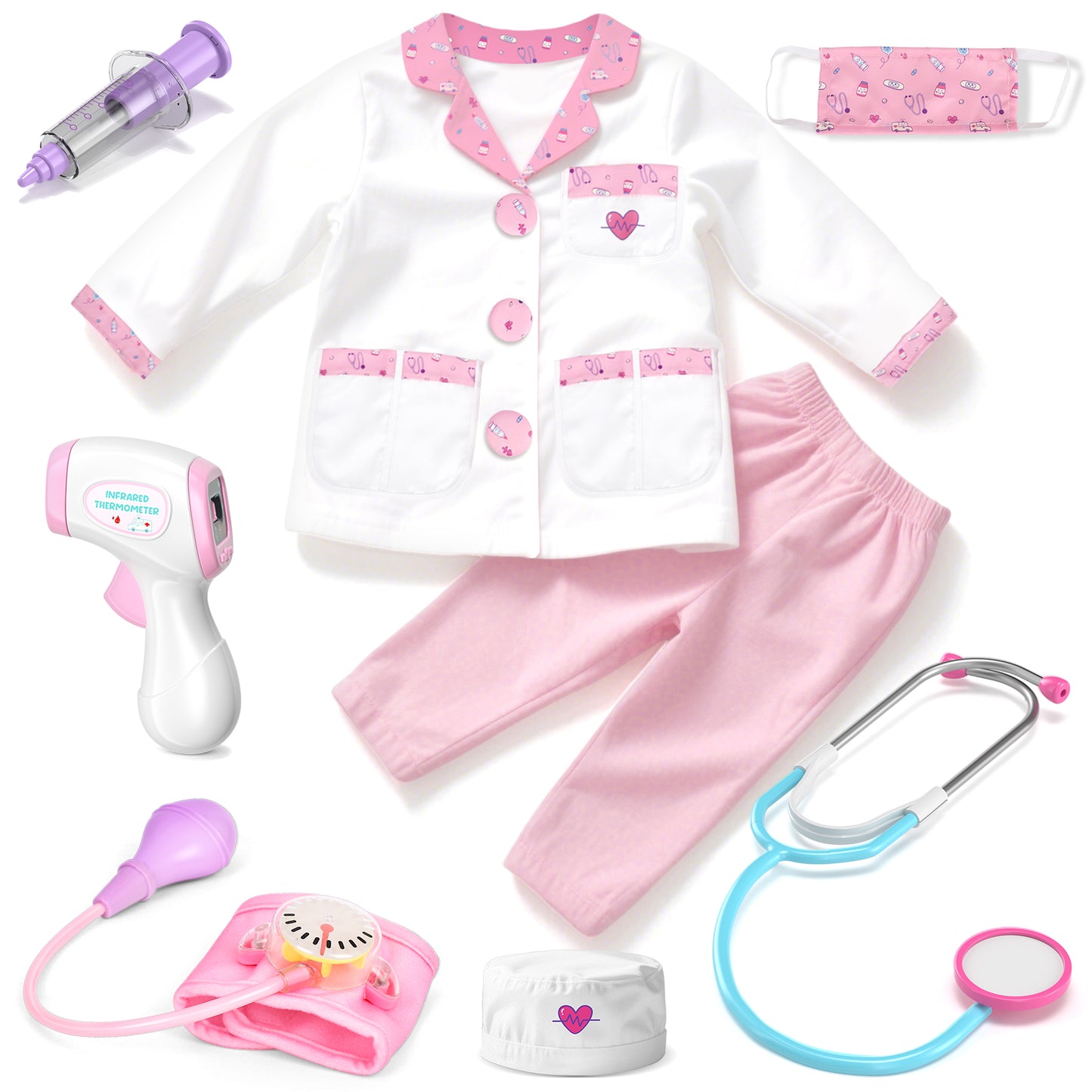 Doctor Costume for Kids Scrubs Real Stethoscope Lab Coat Career Day Costume For Kids Girls 3-12 - Pink