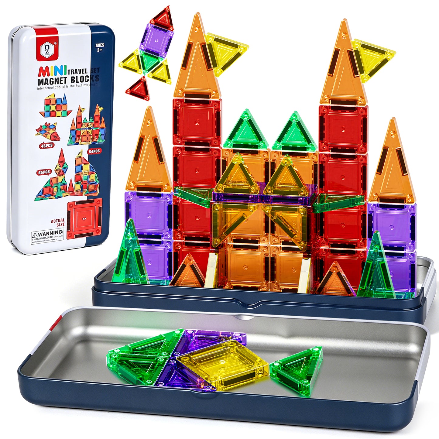 Mini Magnetic Tiles, Travel Magnetic Tiles 54 PCS Magnetic Blocks, Montessori Learning Toys for 3 to 4 Year, Magnetic Construction Toys for Toddlers 3-6 Years Old, Travel Toys for Boys Girls
