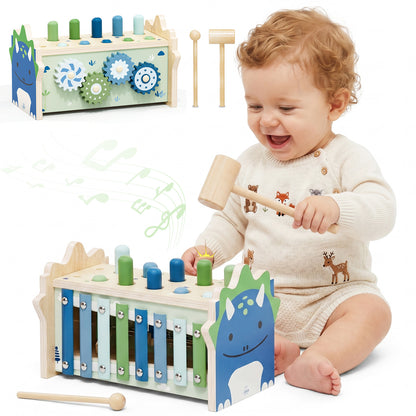 Wooden Montessori Toys for 1 Year Old, Hammering Pounding Toy with Xylophone, Educational Learning Toys, Baby Activity Toys for 1 2 3 Year Old, Preschool Toys, Birthday Gifts (Dinosaur)
