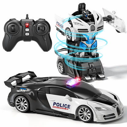 Remote Control Cars, Police Car Toy, Transform RC Cars, Transforming Toys with Cool Light, 360° Rotation One Button Deformation Car Toy, Birthday Gifts for Boys 5-7 8-12 Years Old