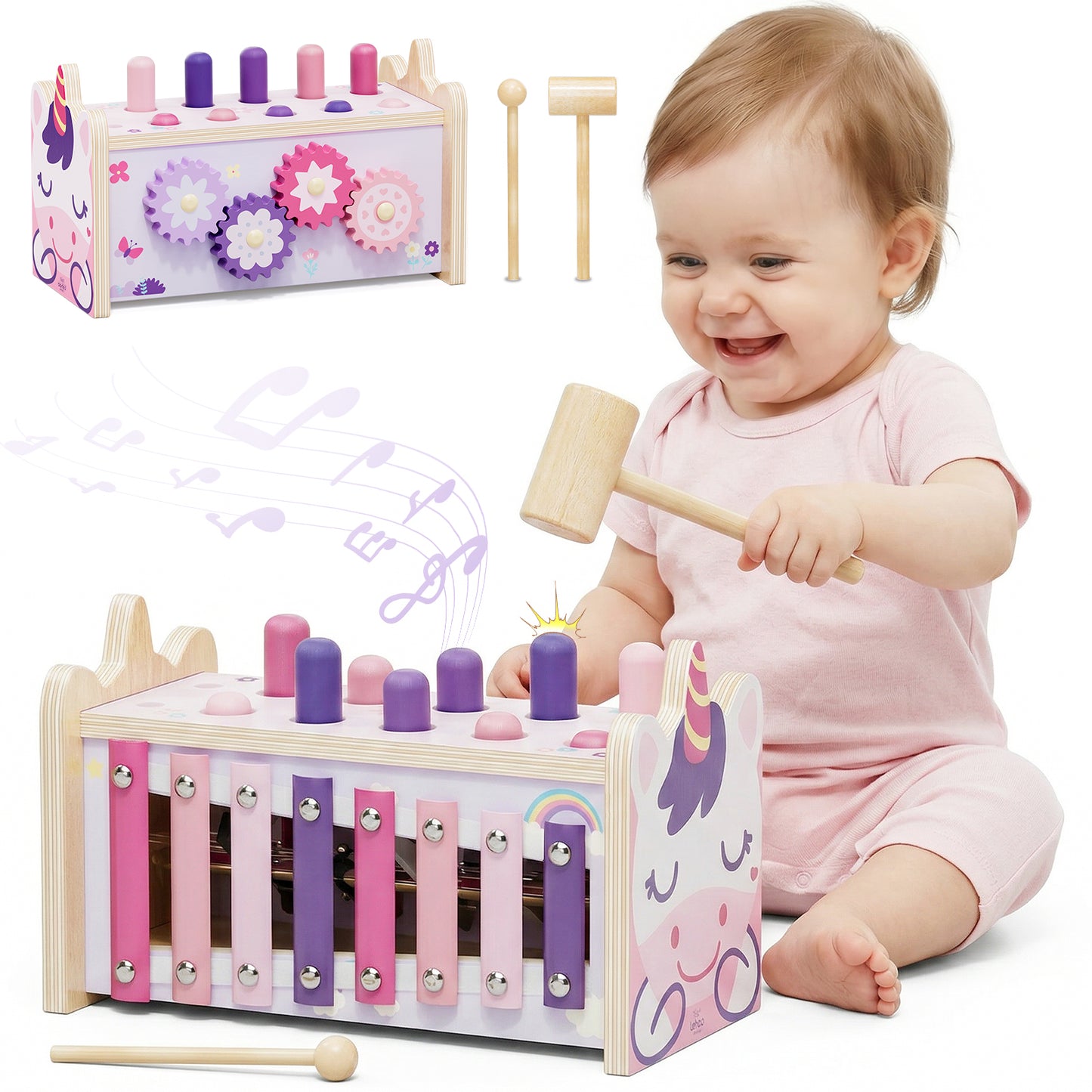 Wooden Montessori Toys for 1 Year Old, Hammering Pounding Toy with Xylophone, Educational Learning Toys, Baby Activity Toys for 1 2 3 Year Old, Preschool Toys, Birthday Gifts (Unicorn)