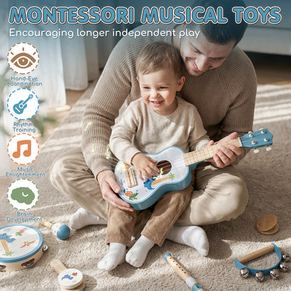 Kid Guitar Set, Musical Instruments for Kids, 7 in 1 Dinosaur Music Toys, Band Sets with Ukulele Flute Tambourine Maracas... Montessori Toys for Kids 2+ Year Old Boy, Education Preschool Toys Gift