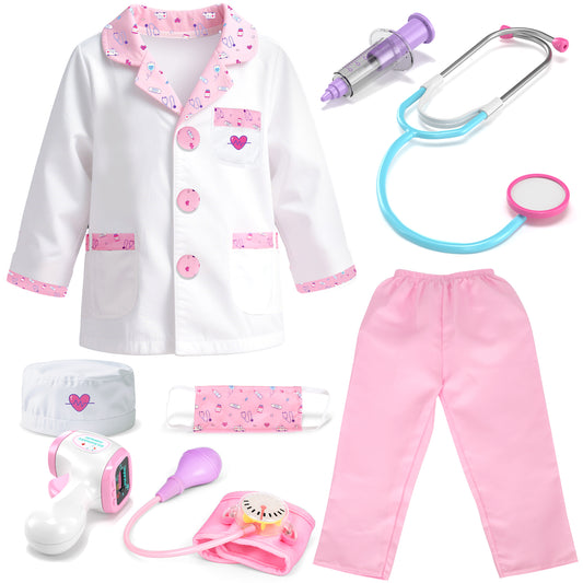 Doctor Costume for Kids Scrubs Real Stethoscope Lab Coat Career Day Costume For Kids Girls 3-12 - Pink