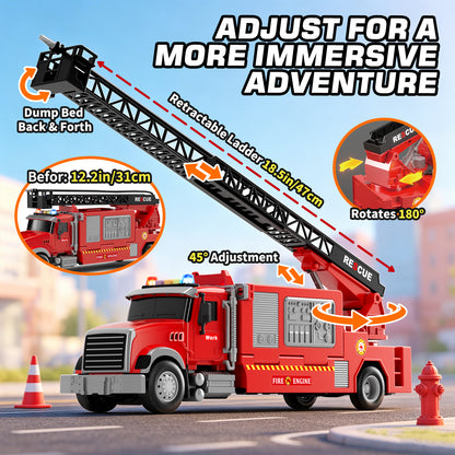 Toy Trucks for Boys 2 3 6 Years, Fire Truck Toys for Toddlers with Lights, Include Ejection Mode, Powerful Storage, Rescue Aerial Ladder, Water Pipes, 4 Alloy Vehicles, Best Birthday Christmas Gifts