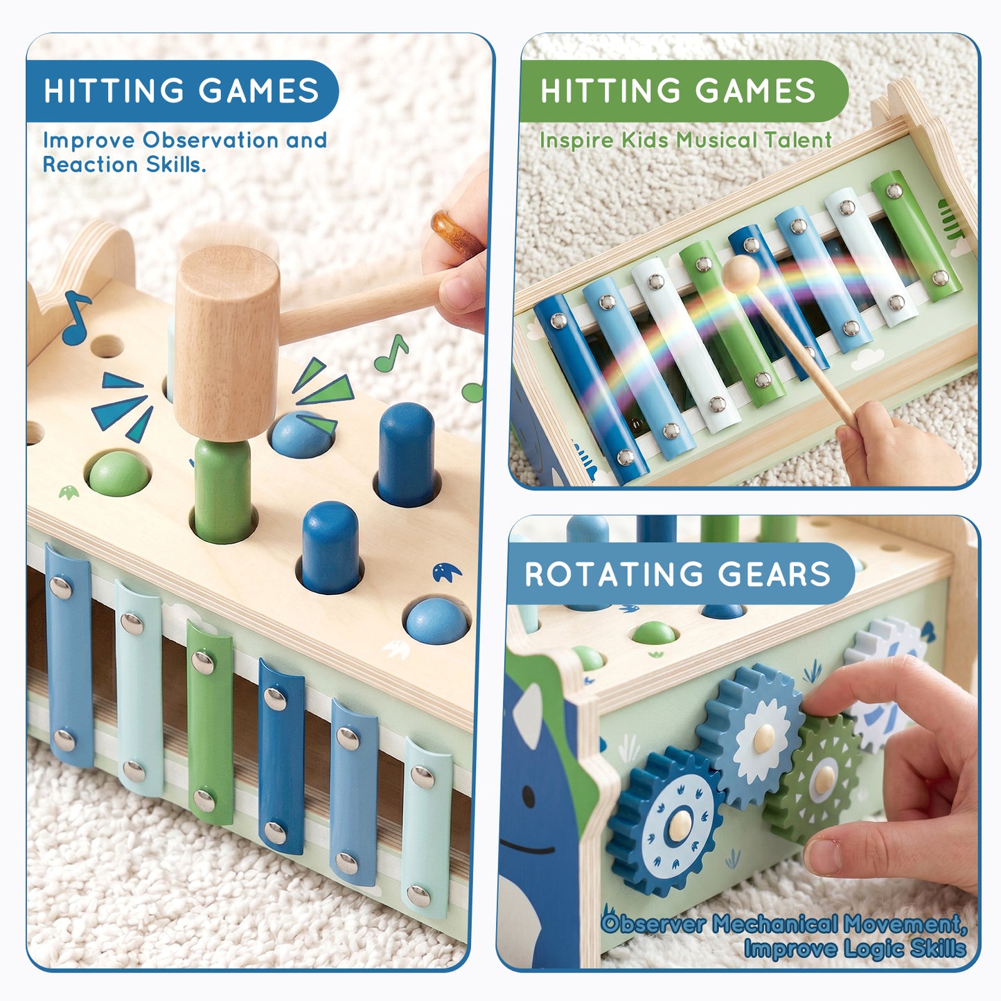 Wooden Montessori Toys for 1 Year Old, Hammering Pounding Toy with Xylophone, Educational Learning Toys, Baby Activity Toys for 1 2 3 Year Old, Preschool Toys, Birthday Gifts (Dinosaur)