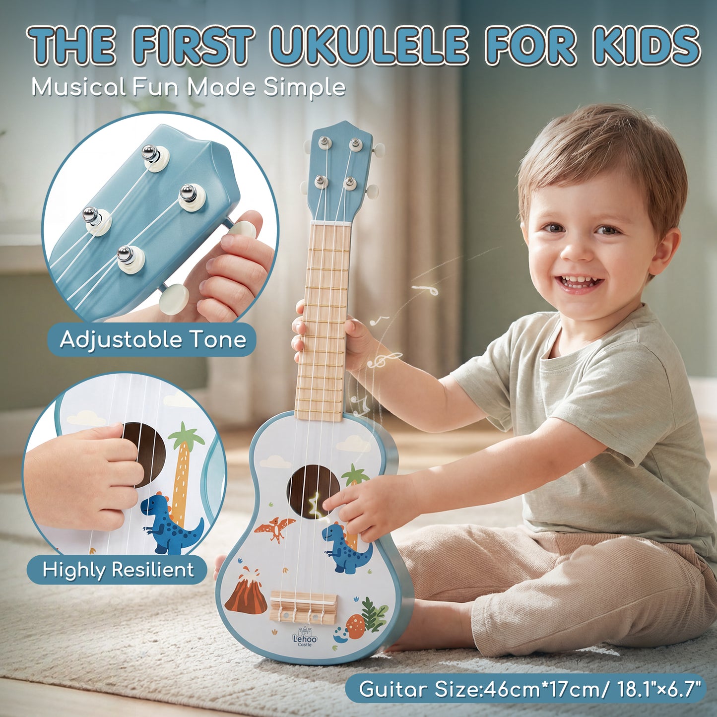 Kid Guitar Set, Musical Instruments for Kids, 7 in 1 Dinosaur Music Toys, Band Sets with Ukulele Flute Tambourine Maracas... Montessori Toys for Kids 2+ Year Old Boy, Education Preschool Toys Gift