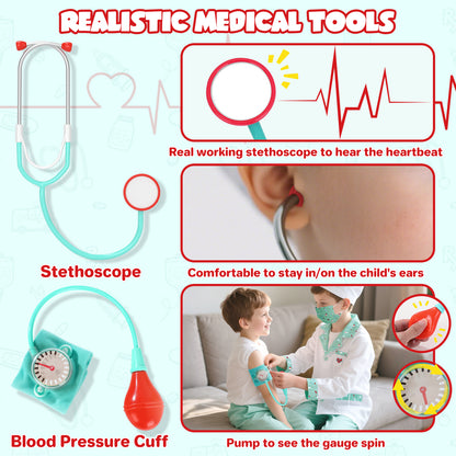 Doctor Costume for Kids Doctor Coat, Doctor Dress Up and Play Set 8 PCS with Real Stethoscope, Lab Coat Career Day Costume Kit for Toddlers Boys Girls 3-12 - Green
