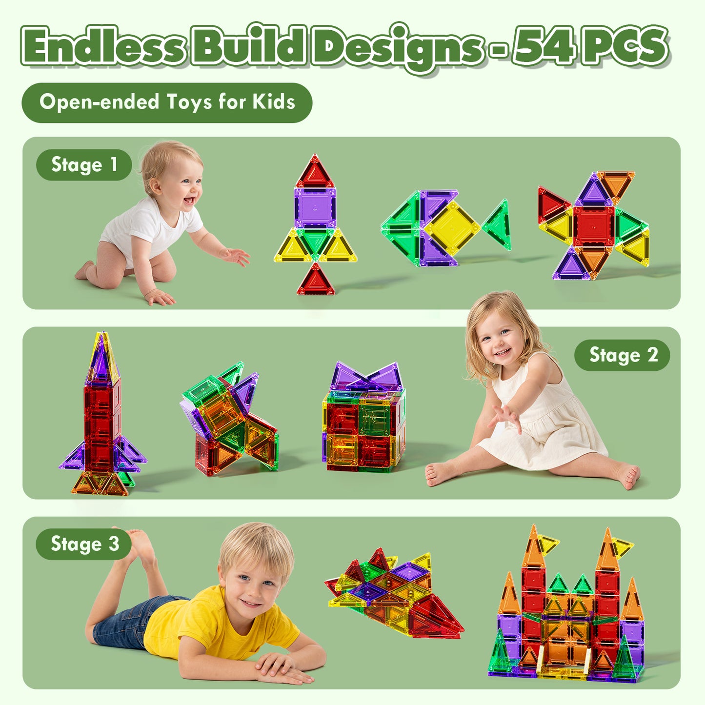 Mini Magnetic Tiles, Travel Magnetic Tiles 54 PCS Magnetic Blocks, Montessori Learning Toys for 3 to 4 Year, Magnetic Construction Toys for Toddlers 3-6 Years Old, Travel Toys for Boys Girls