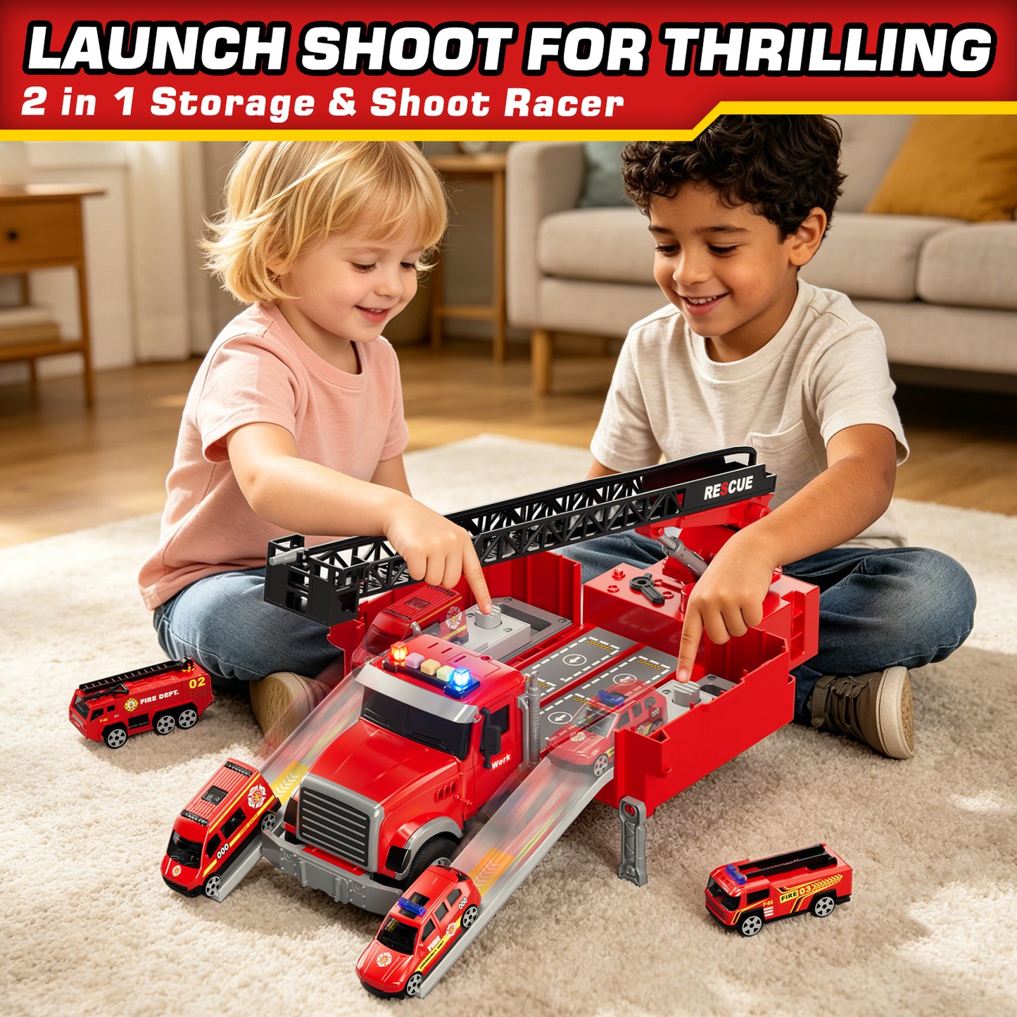 Toy Trucks for Boys 2 3 6 Years, Fire Truck Toys for Toddlers with Lights, Include Ejection Mode, Powerful Storage, Rescue Aerial Ladder, Water Pipes, 4 Alloy Vehicles, Best Birthday Christmas Gifts