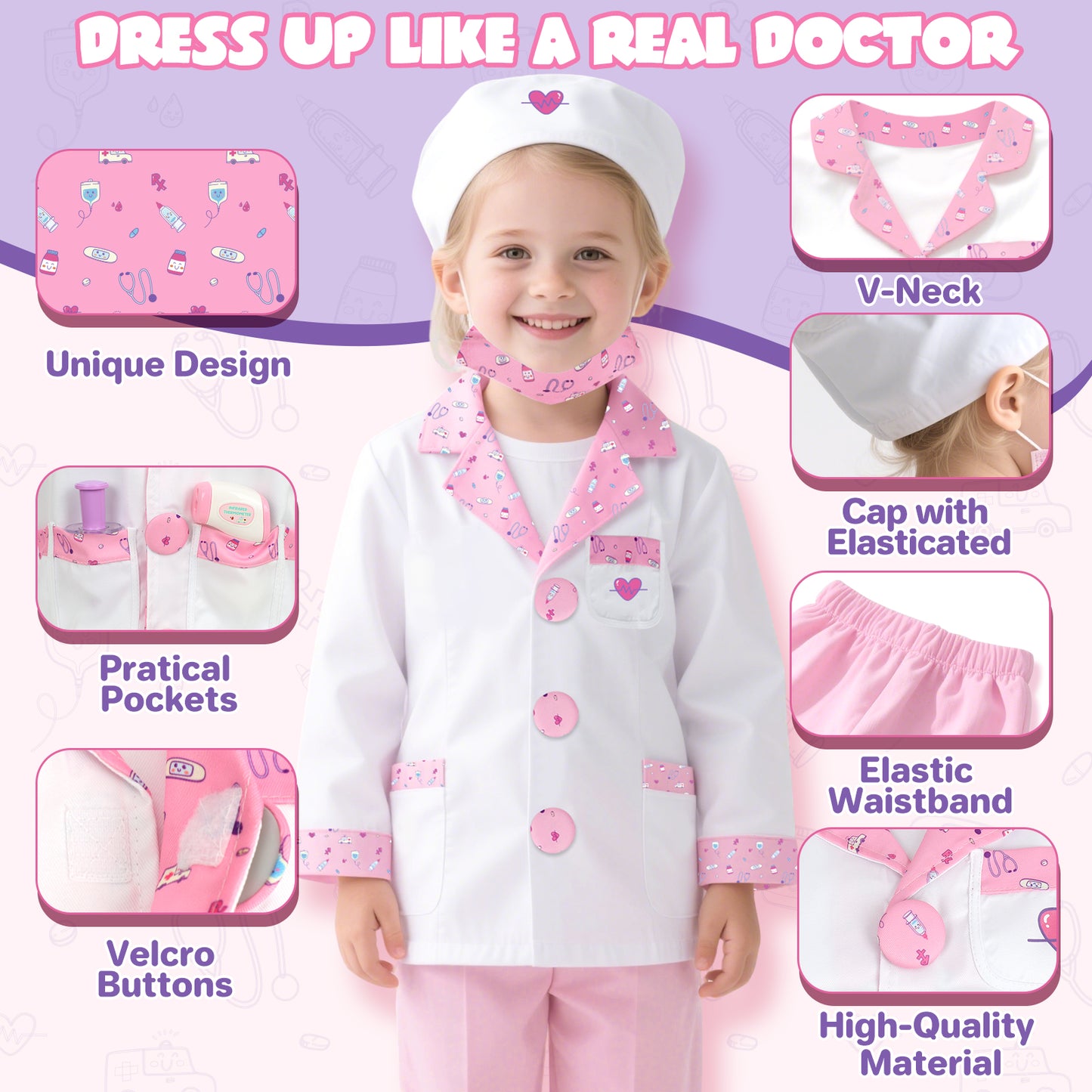 Doctor Costume for Kids Scrubs Real Stethoscope Lab Coat Career Day Costume For Kids Girls 3-12 - Pink