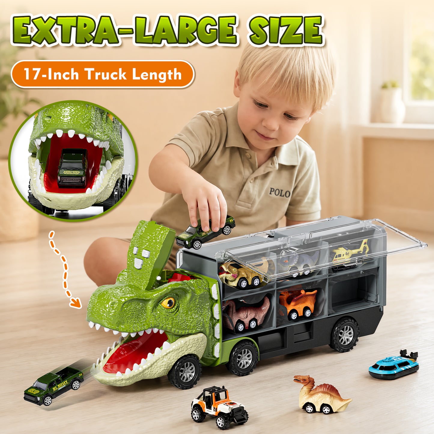 Dinosaur Toys Trucks for Toddlers, Boy Toys Car for Toddlers 2 3 4 5+ Years Old, Transport Truck with 12 Pull Back Cars, 13 in 1 Car Carrier Truck Toy Sets, Best Birthday Christmas Gifts