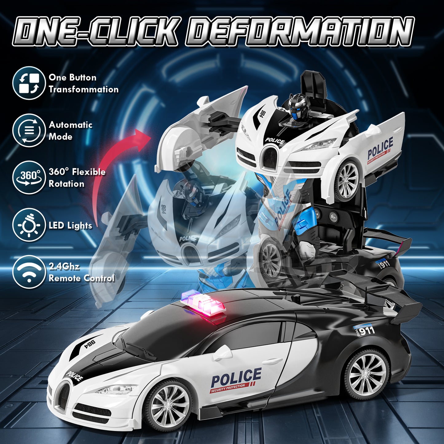 Remote Control Cars, Police Car Toy, Transform RC Cars, Transforming Toys with Cool Light, 360° Rotation One Button Deformation Car Toy, Birthday Gifts for Boys 5-7 8-12 Years Old