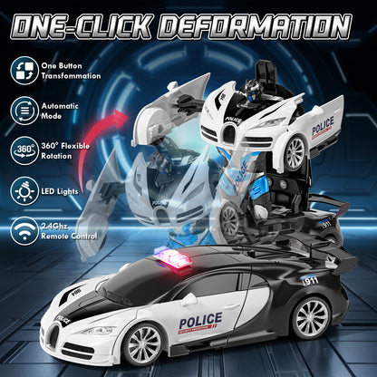 Remote Control Cars, Police Car Toy, Transform RC Cars, Transforming Toys with Cool Light, 360° Rotation One Button Deformation Car Toy, Birthday Gifts for Boys 5-7 8-12 Years Old