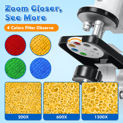 Microscope for Kids, 200X-1200X Kids Educational Toys Optical Compound Biological Microscope, Science Kits for Kids, Beginner Microscope Kit with Phone Adapter & Slides, Gift for Boys Girls Age 6+