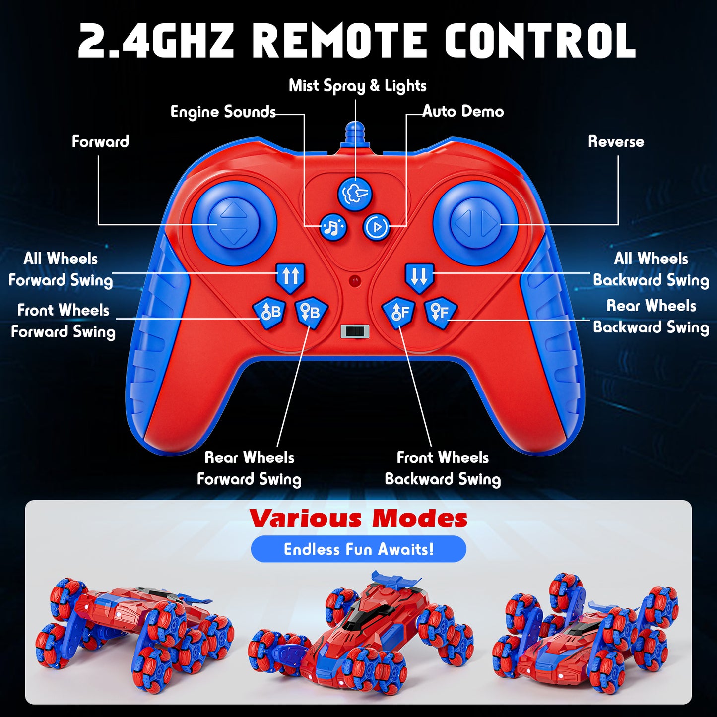 Remote Control Cars, 8WD RC Car Toys for 8-12 Year Old, Boys Toy Car, 2.4Ghz Fast Stunt, Transform Drift Stunt Cars with Lights & Spray, Outdoor Toys, Perfect Birthday Christmas Gift