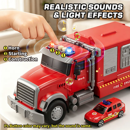 Toy Trucks for Boys 2 3 6 Years, Fire Truck Toys for Toddlers with Lights, Include Ejection Mode, Powerful Storage, Rescue Aerial Ladder, Water Pipes, 4 Alloy Vehicles, Best Birthday Christmas Gifts