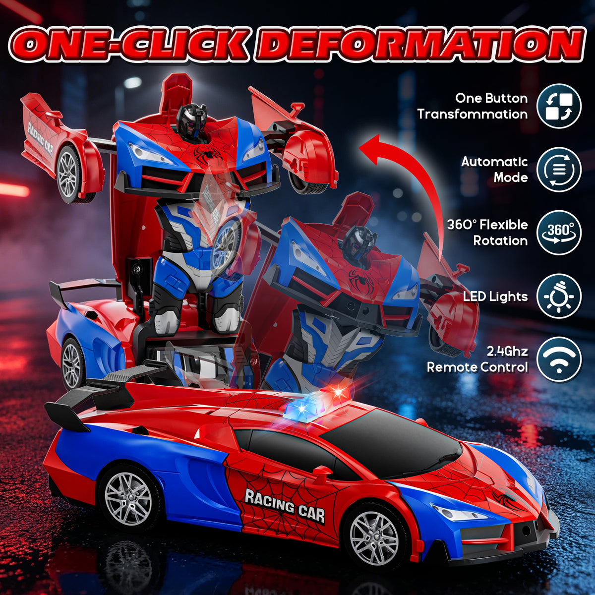 Remote Control Cars, Spider Transform RC Cars, Transforming Toys with Cool Light, 360° Rotation One Button Deformation Car Toy, Birthday Gifts for Boys 5-7 8-12 Years Old
