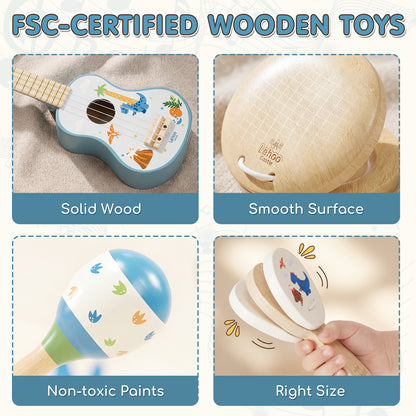 Kid Guitar Set, Musical Instruments for Kids, 7 in 1 Dinosaur Music Toys, Band Sets with Ukulele Flute Tambourine Maracas... Montessori Toys for Kids 2+ Year Old Boy, Education Preschool Toys Gift