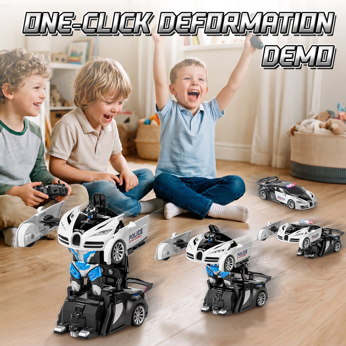 Remote Control Cars, Police Car Toy, Transform RC Cars, Transforming Toys with Cool Light, 360° Rotation One Button Deformation Car Toy, Birthday Gifts for Boys 5-7 8-12 Years Old