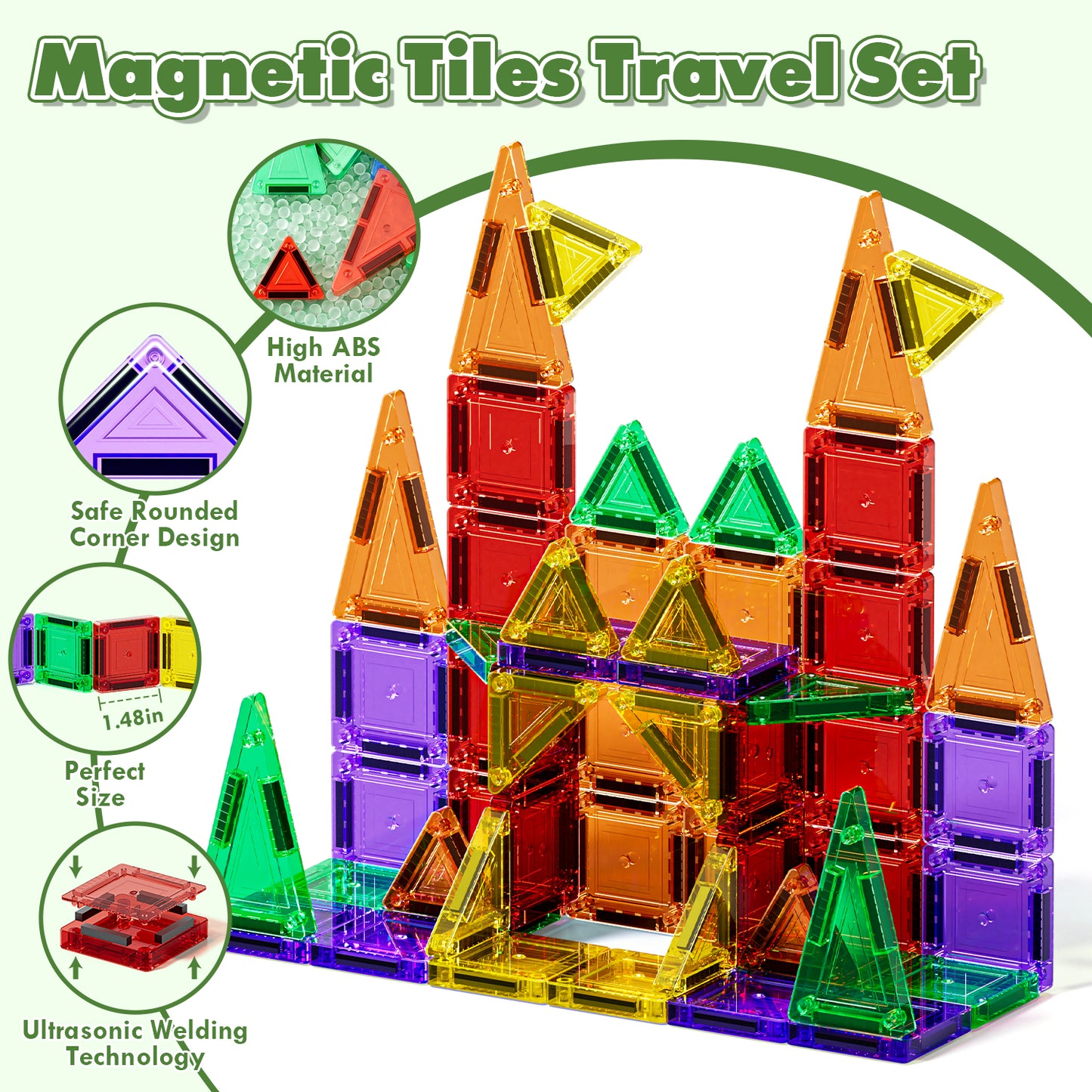Mini Magnetic Tiles, Travel Magnetic Tiles 54 PCS Magnetic Blocks, Montessori Learning Toys for 3 to 4 Year, Magnetic Construction Toys for Toddlers 3-6 Years Old, Travel Toys for Boys Girls