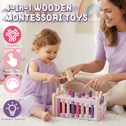Wooden Montessori Toys for 1 Year Old, Hammering Pounding Toy with Xylophone, Educational Learning Toys, Baby Activity Toys for 1 2 3 Year Old, Preschool Toys, Birthday Gifts (Unicorn)