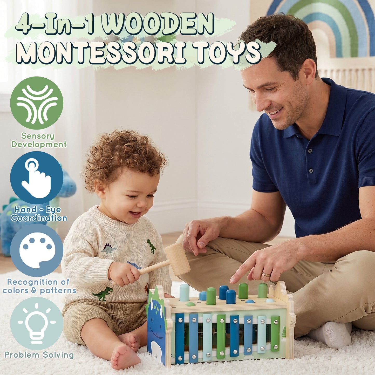 Wooden Montessori Toys for 1 Year Old, Hammering Pounding Toy with Xylophone, Educational Learning Toys, Baby Activity Toys for 1 2 3 Year Old, Preschool Toys, Birthday Gifts (Dinosaur)