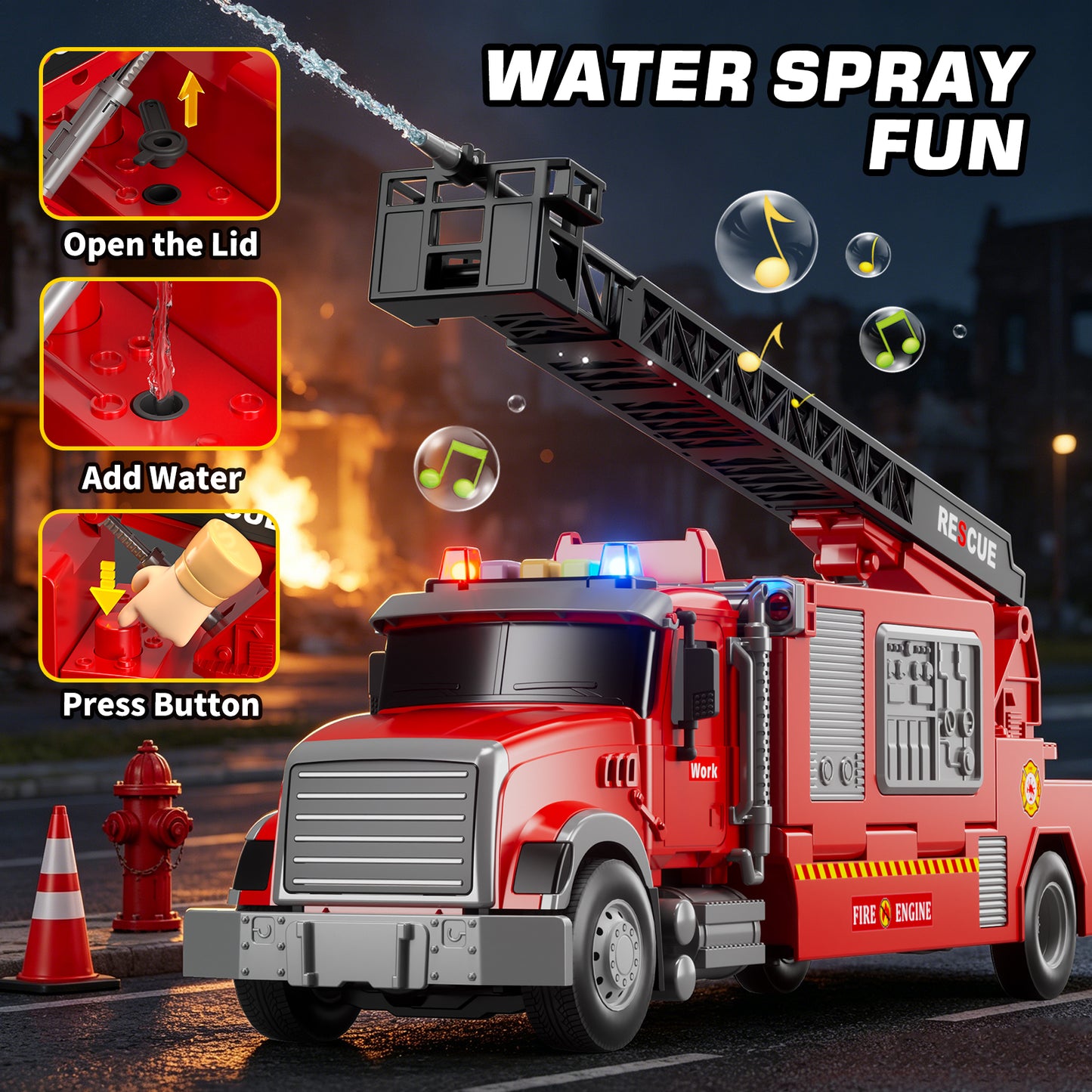 Toy Trucks for Boys 2 3 6 Years, Fire Truck Toys for Toddlers with Lights, Include Ejection Mode, Powerful Storage, Rescue Aerial Ladder, Water Pipes, 4 Alloy Vehicles, Best Birthday Christmas Gifts