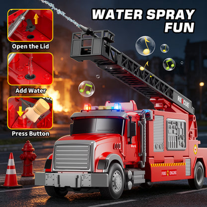 Toy Trucks for Boys 2 3 6 Years, Fire Truck Toys for Toddlers with Lights, Include Ejection Mode, Powerful Storage, Rescue Aerial Ladder, Water Pipes, 4 Alloy Vehicles, Best Birthday Christmas Gifts