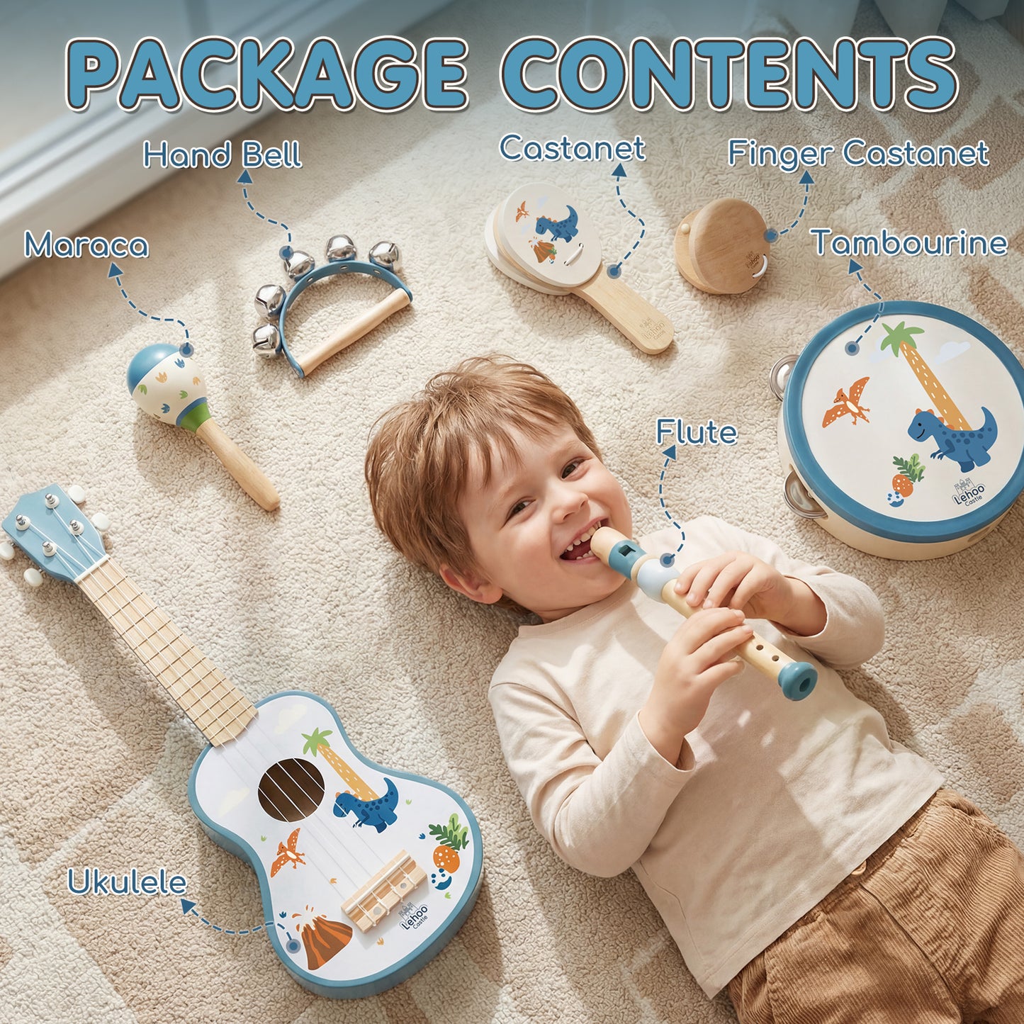 Kid Guitar Set, Musical Instruments for Kids, 7 in 1 Dinosaur Music Toys, Band Sets with Ukulele Flute Tambourine Maracas... Montessori Toys for Kids 2+ Year Old Boy, Education Preschool Toys Gift