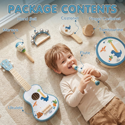 Kid Guitar Set, Musical Instruments for Kids, 7 in 1 Dinosaur Music Toys, Band Sets with Ukulele Flute Tambourine Maracas... Montessori Toys for Kids 2+ Year Old Boy, Education Preschool Toys Gift