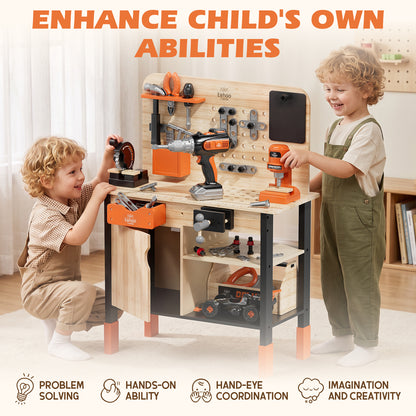 KWANITHINK Kids Wooden Tool Bench, Kids Workbench with Drill and 40+ Piece Tool Set, Wooden Construction Workbench Toy with Pretend Play Tools, DIY Building Activity Set for Boys Girls Ages 3-6