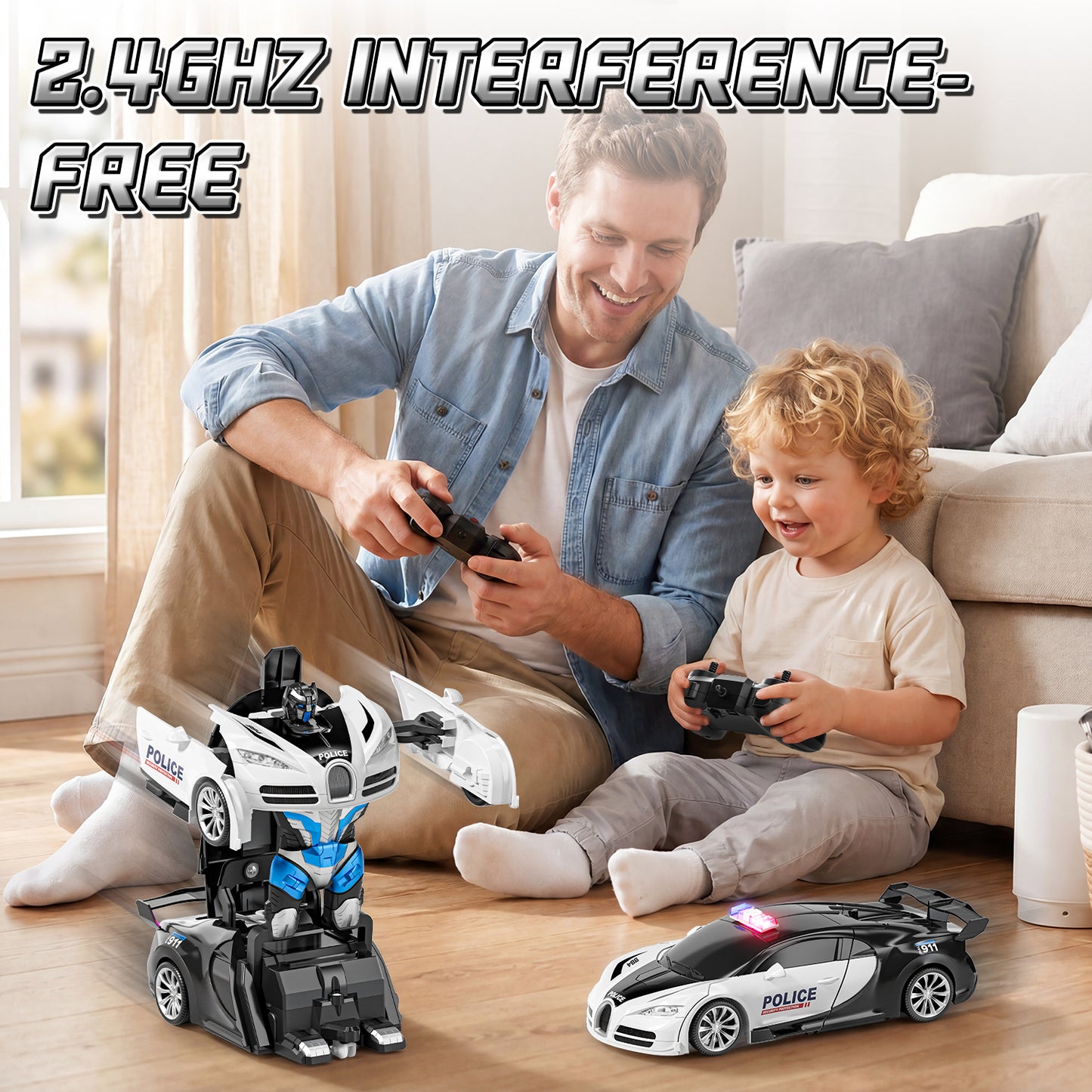 Remote Control Cars, Police Car Toy, Transform RC Cars, Transforming Toys with Cool Light, 360° Rotation One Button Deformation Car Toy, Birthday Gifts for Boys 5-7 8-12 Years Old