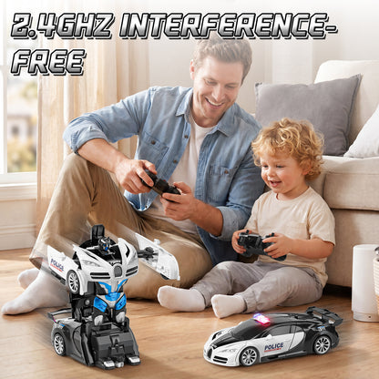 Remote Control Cars, Police Car Toy, Transform RC Cars, Transforming Toys with Cool Light, 360° Rotation One Button Deformation Car Toy, Birthday Gifts for Boys 5-7 8-12 Years Old
